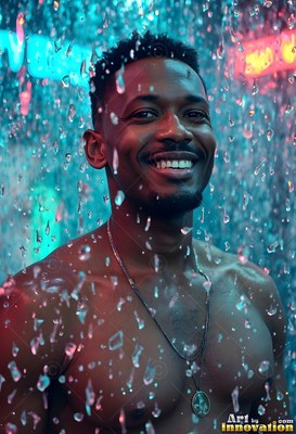 Smiling with a pendant necklace, a shirtless man stands under water falling down in teal light
