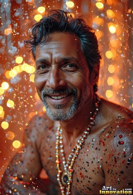 A smiling man stands under falling drops, surrounded by warm orange light
