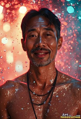 Smiling head-on, an older man stands in cascading water lit by warm red and teal lights