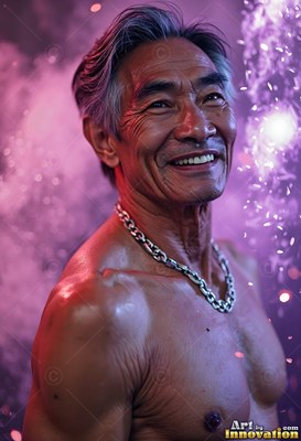 An older shirtless man with a smile wears a silver chain under bright purple light and mist
