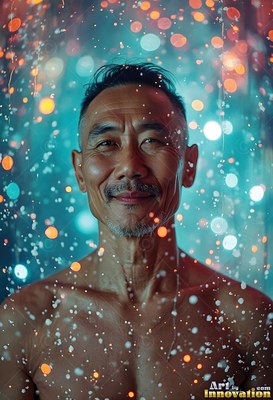 In a shower of teal droplets, a shirtless older man smiles gently