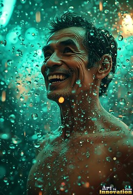 Smiling in falling water, a shirtless man looks up through bright teal droplets