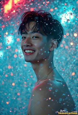 Shirtless man with a smile in cascading water under blue light