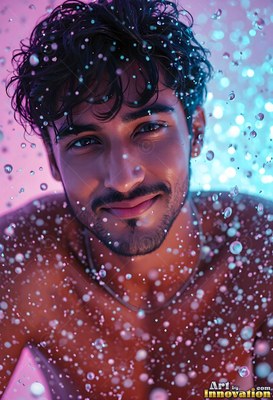 Dark curly hair falls over a happy man facing water falling down droplets in soft pink light