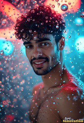 A man with a smile stands in descending water droplets illuminated by soft red and blue lights