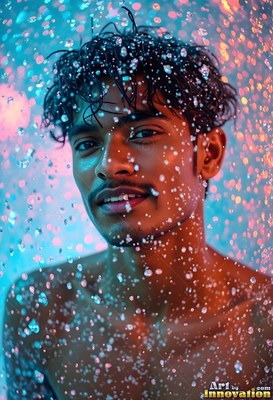 Close-up of a bare-chested man under water falling down in teal and warm light