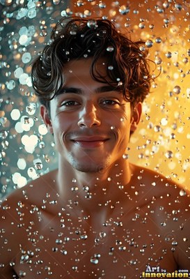 A smiling bare-chested man stands in falling water lit by warm gold light