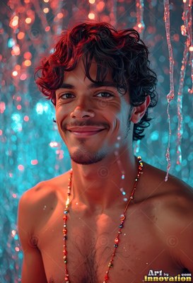 Under falling drops of red and blue light, a smiling shirtless man wears a necklace
