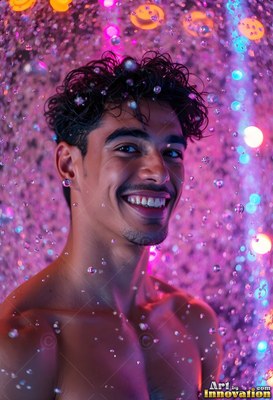 Smiling in falling droplets of water, a shirtless man lit by bright pink and purple lights