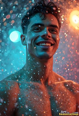Smiling man without a shirt in water falling down under teal and orange lights
