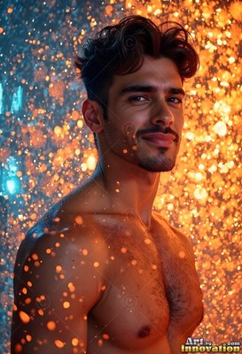 Dark wavy hair frames a shirtless grinning man standing in bright orange shower light