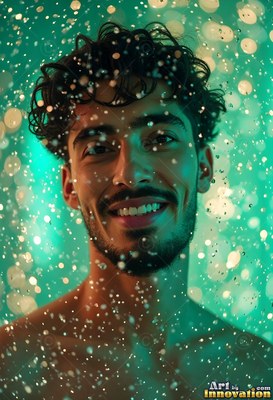 A man with a smile stands as water droplets fall past his face in bright teal light