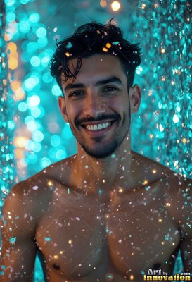 Facing forward, a smiling bare-chested man stands in falling cyan droplets of water