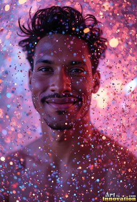 A man smiling stands bare-shouldered in pink light behind floating glitter sparkles