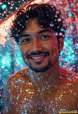 In turquoise and pink light, a smiling man stands in falling water drops