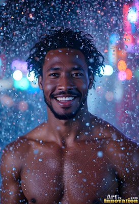 Smiling in cascading water, a bare-chested man standing in bright blue night light