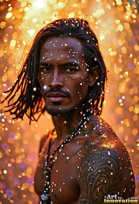 A shirtless man with tattoos in a spray of warm yellow light drops