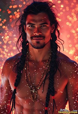 Long braided hair frames a shirtless man with a smile standing in warm orange light and falling specks