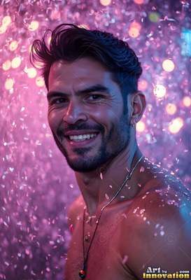 A man smiling stands bare-chested under water falling down sparkling in pink light