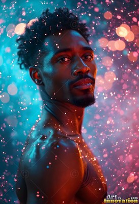 Turned in profile, a bare-chested man stands in pink and blue light filled with bright dots