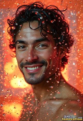 Smiling wet man with dark curly hair looks forward in falling water under warm orange light
