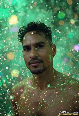 In a green shower of bright water droplets, a shirtless man stares forward