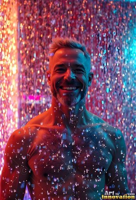 Smiling under falling drops, a shirtless man stands in pink and blue light