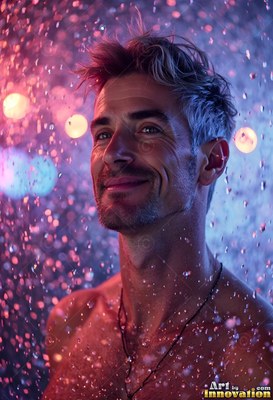Grinning man without a shirt looking up in pink rain light