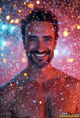 A man smiling with a trimmed beard stands bare-chested under bright water coming down drops in red light