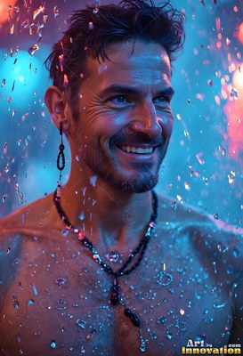 A bare-chested man smiling stands in cascading water droplets under bright blue light