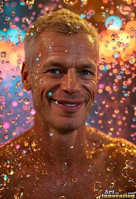 Smiling close up of a shirtless man under bright amber droplets of water