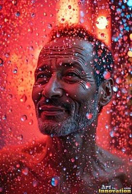 A smiling older man stares up as drops of water fall around him in red light