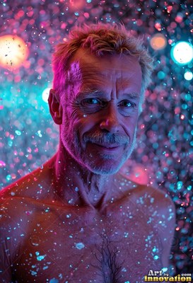 Under bright blue and pink water droplets, an older man smiles