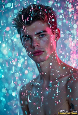 Looking forward, a shirtless young man stands under falling drops in teal and pink light