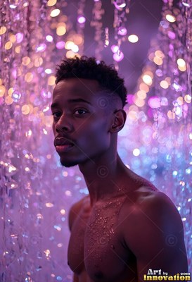 A shirtless man looking aside among purple drops of water
