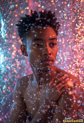 Bare shoulders show on a shirtless man standing in warm pink light behind sparkling water drops