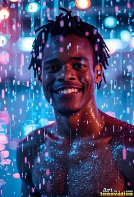 A happy man stands in falling rain lit by bright blue and pink lights