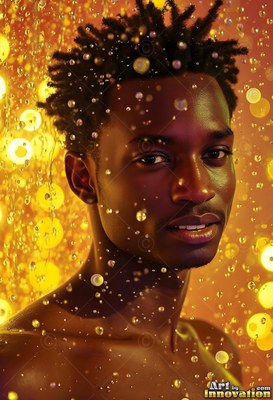 Turned slightly, a bare-shouldered man stands in a shower of bright yellow drops of water