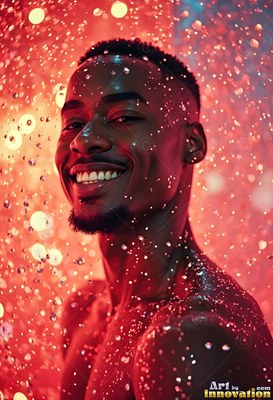 A man smiling looks back over his bare shoulder through red falling droplets of water