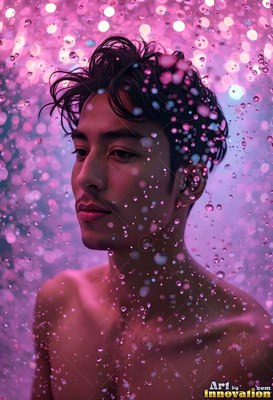 In a spray of purple droplets of water, a shirtless man looks away
