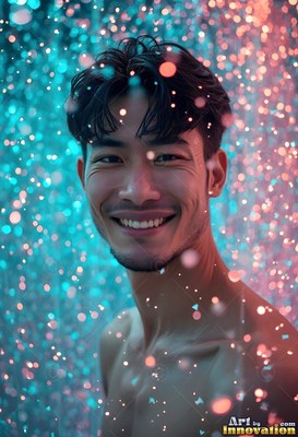 Smiling in falling water drops, a bare-chested man standing in pink and teal light