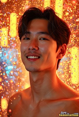 Smiling bare-chested man surrounded by warm yellow sparkles
