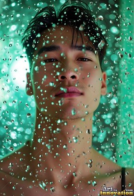 Wet black hair frames a shirtless man seen through water drops in green light
