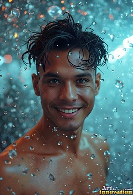 A man smiling stands in cascading water droplets illuminated by cool teal light