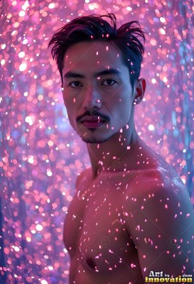 Turned slightly in a spray of pink droplets, a shirtless man looking forward