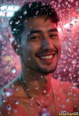 A man smiling looks forward as water droplets fall around him in pink light