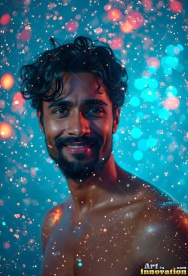 In blue light and shining water droplets, a smiling shirtless man looks forward