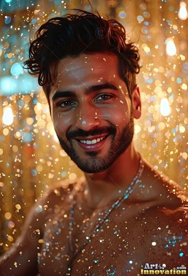 Smiling in a shower of bright water droplets, a shirtless man stands in warm yellow light