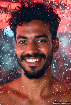 Smiling man with dark curly hair in red falling drops of water