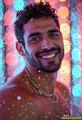 Curly dark hair and a wide smile on a man in descending water with bright pink and cyan lights
